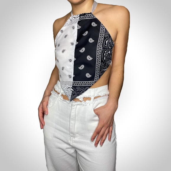 Half/Half Black/White Bandana Top - Picture 1 of 3